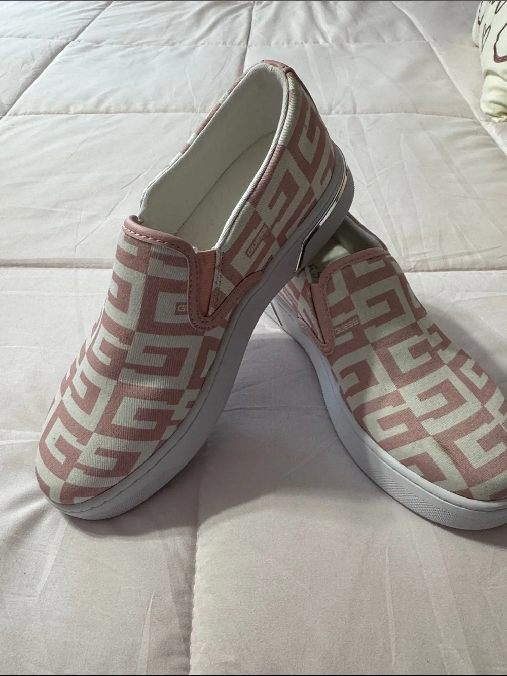 Guess Pink and White Slip-On Logo-Print Sneakers